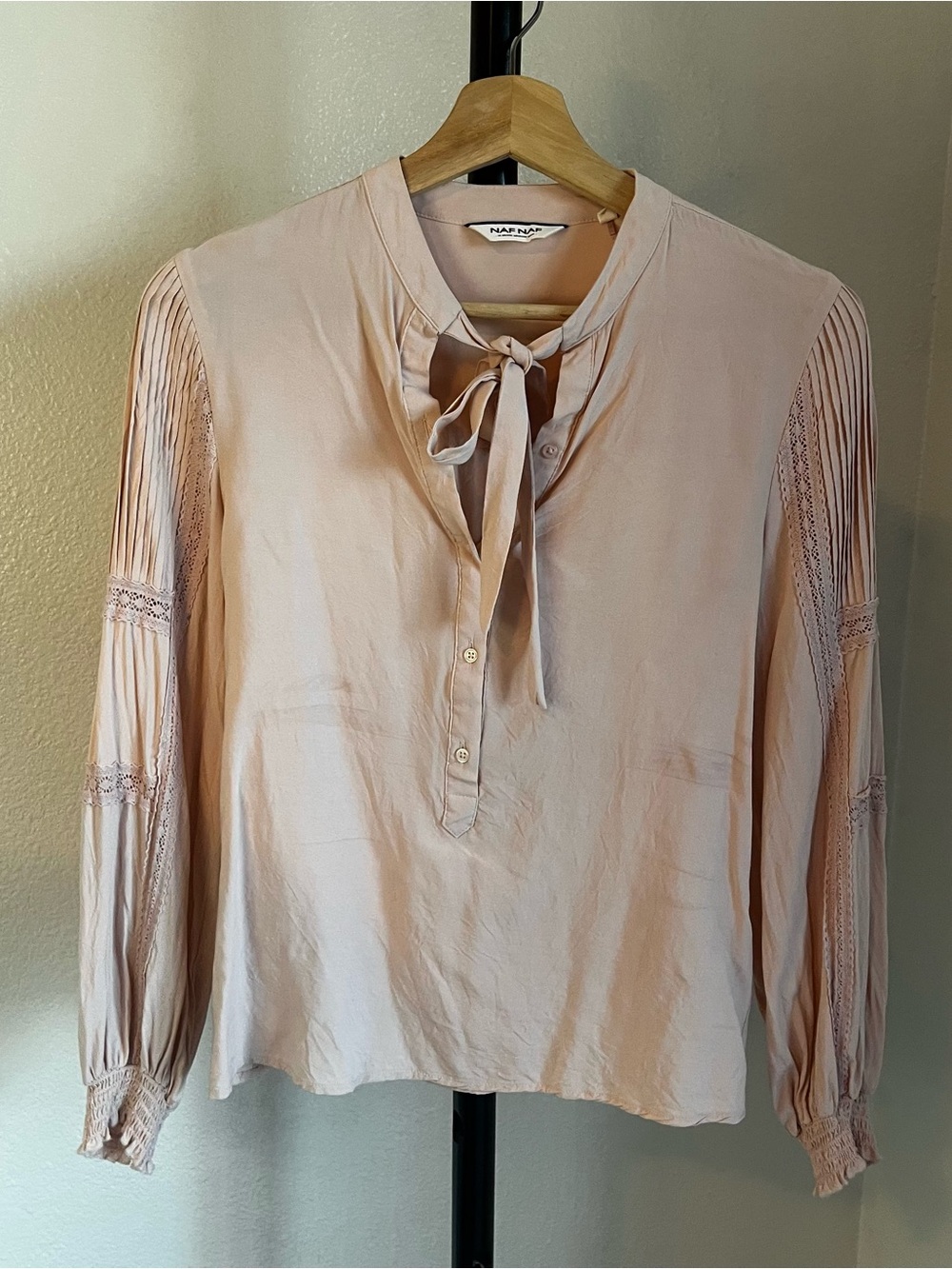 NAF NAF Blush Pink Tie-Neck Lace-Trim Blouse